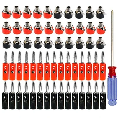 Afbeelding van QitinDasen 30 paar premium 4mm bananenstekker connector soldeerloze vernikkelde banaan plug en bindende paal terminal set, voor audio /video ontvanger, versterkers, geluidssystemen (rood + zwart)