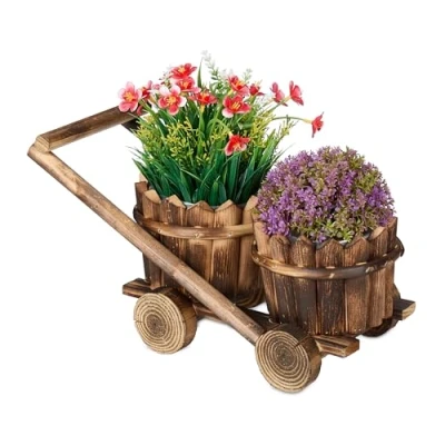 Afbeelding van Relaxdays houten kar met 2 bloempotten rustieke plantenbak tuindecoratie binnen