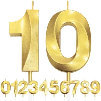 Afbeelding van 10. Verjaardagskaars Glitter Goud, 3D Ontwerp Kaarsen Cijfers, Cake Topper, Taartkaars voor Verjaardagsfeest, Bruiloft, Babyshower, Feestdecoratie