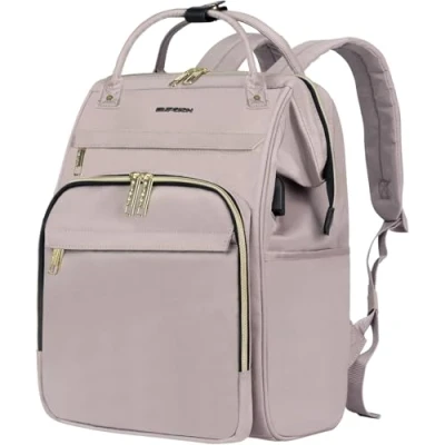 Afbeelding van EMPSIGN laptoprugzak voor vrouwen, 15,6 inch college schoolrugzak, casual dagrugzak wijd open, waterafstotende reizen zakelijke werktas computer boekentas met USB poort, oudroze
