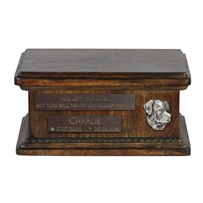 Afbeelding van Art Dog Custom Low Memorial Urn Handgemaakt koud gegoten bronzen portret op berkenbasis Gepersonaliseerde hondencrematiedoos 8,3x11,4x4,3 Rottweiler