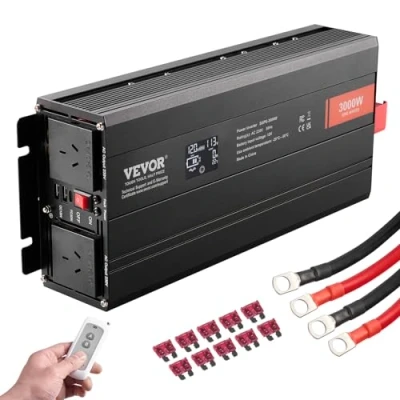 Afbeelding van VEVOR Pure sinus omvormer 3000 W DC 12 V naar AC 230 met 2 uitgangen, USB poorten, 1 Type C aansluiting en afstandsbediening voor smartphones, pc