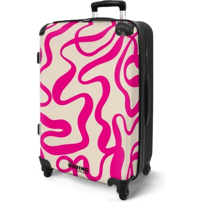 Afbeelding van NoBoringSuitcases.com® Koffer groot Rolkoffer lichtgewicht Beige met roze abstracte lijnen Reiskoffer 4 wielen Grote trolley XL 20 kg bagage