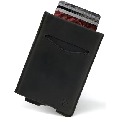 Afbeelding van AKIELO RFID Blokkerende Kaart Portemonnee en Geschenkdoos Stijlvolle Leren Creditcardhouder Contactloze Creditcardbeschermer (ALPHA Zwarte Lederen Editie)