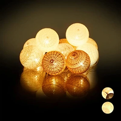 Afbeelding van Relaxdays LED lichtsnoer met 10 ballen sfeerverlichting feestverlichting katoen Wit grijs bruin