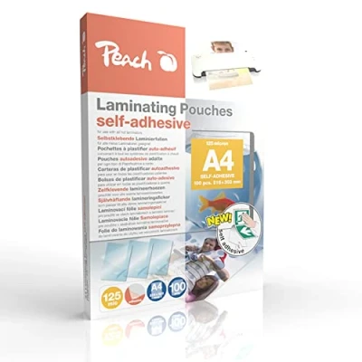 Afbeelding van Peach Lamineerfolie A4 125 mic 100 pouches zelfklevende achterkant geschikt voor zelfgemaakte afbeeldingen of borden etc. compatibel met lamineermachines van alle merken S PP525 17