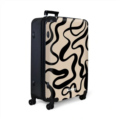 Afbeelding van NoBoringSuitcases.com® Koffer groot Reiskoffer lichtgewicht Beige met zwarte abstracte lijnen Rolkoffer 4 wielen Grote trolley XL 98 liter bagage