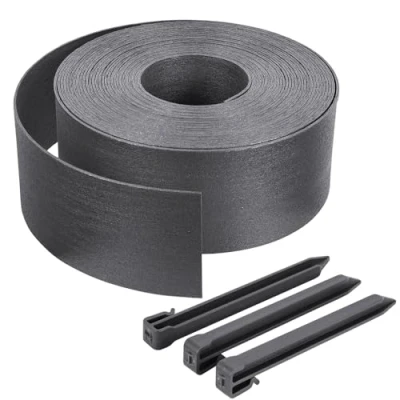 Afbeelding van VOUNOT Tuinrand van PE, 20 m, met 12 haringen, flexibele gazonrand, natuurlook, hoogte 13 cm, dikte 4 mm, grijs