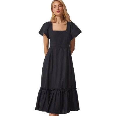 Afbeelding van Happinessistanbul Linnenjurk Met Witte Vierkante Kraag Voor Dames Jh00046