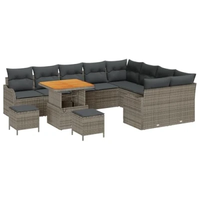 Afbeelding van vidaXL 12 delige tuinmeubelset met kussens in grijs poly rattan en acacia