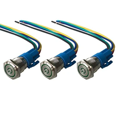 Afbeelding van QitinDasen 3 Stks Premium 16 mm Zelfsluitende vergrendeling Drukknopschakelaar, 12 V/24 V 5A Auto Ontsteking Starter Schakelaar, Groen LED Licht IP67 Waterdichte Metalen Schakelaar met Socket Plug Wire