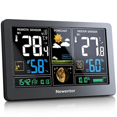 Afbeelding van Newentor draadloos weerstation met buitensensor, weersvoorspelling, temperatuurwaarschuwing, DCF radioklok, werkt op batterijen en netvoeding, zwart