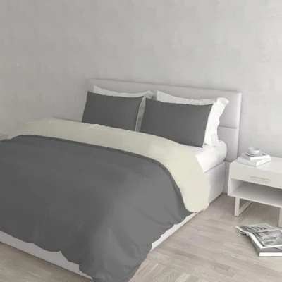 Afbeelding van Italian Bed Linen Natuurlijke Kleur Dekbedovertrek Set met Doubleface Effen Tas Sheet en Kussensloop, 100% Katoen, Donkergrijs/Crème, dubbele