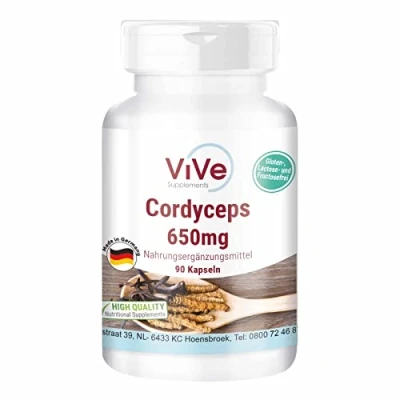Afbeelding van Cordyceps 650 mg 90 capsules veganistisch paddenstoelpoeder uit Mycel Vitalpaddenstoel Kwaliteit Duitsland ViVe Supplements