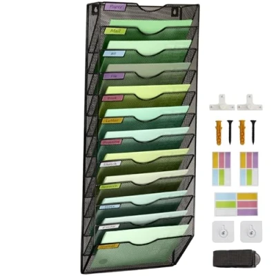 Afbeelding van IOUGDSEC 12 Tier Mesh Opknoping File Organizer Verticale Muur Bestand Houder voor Office School Home, Nametag Label Haken Set Inbegrepen