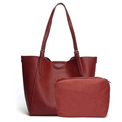 Afbeelding van David Jones Schoudertas voor dames boodschappentas van zacht kunstleer schooltas op school groot formaat A4 lange handgrepen 2 delige shopper met etui, Rood, Eén maat,