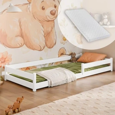 Afbeelding van Kids Collective Montessori kinderbed, vloerbed, 90 x 190 cm, met valbescherming en lattenbodem, ledikant, eenpersoonsbed, inclusief matras, wit