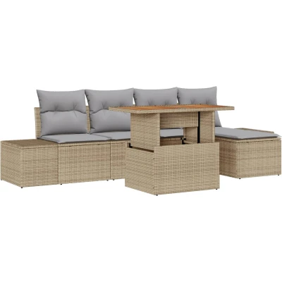 Afbeelding van vidaXL 6 delige Tuindining Set met Kussens Beige Poly Rattan Acacia