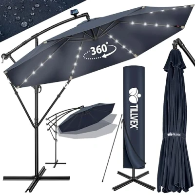 Afbeelding van Tillvex parasol LED Solar Ø 3m, Blauw vrijdragende balkon tuinparasol slinger aluminium