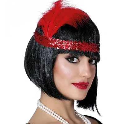 Afbeelding van Charleston Flapper Hoofdband met veer en glitters rood Dames jaren 20/Twenties thema Verkleedhaardecoratie