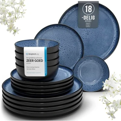 Afbeelding van Servies 6 persoons Ibiza 18 st. Test Pure Living tafelservies, aardewerk, serviesset voor vaatwasser en magnetron, zwart in diepblauw