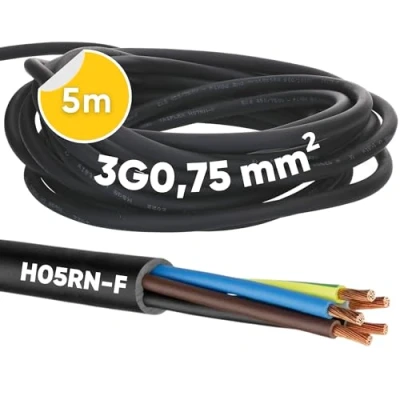 Afbeelding van 5 meter Kalitec H05RN F 3 x 0,75 mm² rubberen kabel met beschermgeleider voor buiten, elektrische kabel, zwarte bouwplaatkabel flexibel, UV en oliebestendig, aansluitkabel 3G0,75