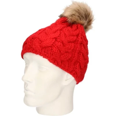 Afbeelding van Gebreide kabel wintermuts rood met pompon voor dames