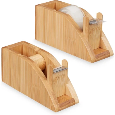 Afbeelding van Relaxdays 2x plakband dispenser bamboe plakbandhouder voor 25 mm rol plakbandrolhouder