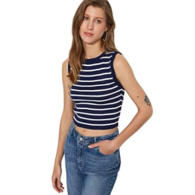 Afbeelding van Trendyol Marineblauwe Cropped Gestreepte Gebreide Dunne Blouse Twoss23Bz00584