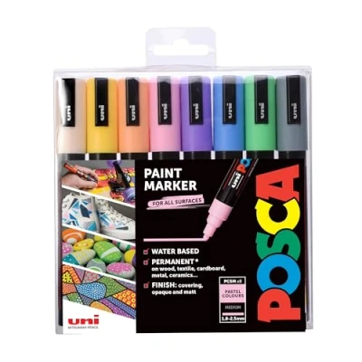 Afbeelding van POSCA PC 5M permanente markeerstiften, medium bullet tip voor kunst en ambachten. Multi oppervlak gebruik op hout, metaal, papier, canvas, karton, glasstof, keramisch rotskiezelporselein, set van 8