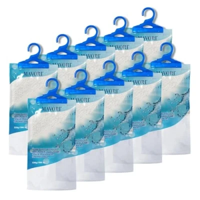 Afbeelding van MAVORI Set van 10 XL luchtontvochtiger om op te hangen, zak, ontvochtiger kast en vochtabsorberend voor ruimtes tegen vocht, schimmel geuren, tot 500 ml per zak