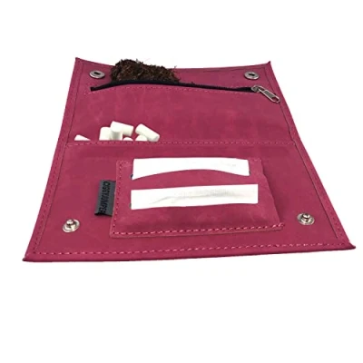 Afbeelding van Tabakstas used Leather touch tabakszak voor draaitabak met vakken filter vloeitjes aansteker (2.) roze double)