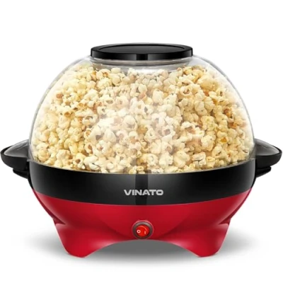 Afbeelding van VINATO popcornmachine, popcornmachine met suiker, olie, boter, 5 liter groot voor thuis, anti aanbaklaag en afneembaar verwarmingsoppervlak, stille snelle