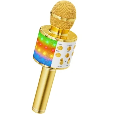 Afbeelding van Ankuka Draadloze karaoke microfoon, Bluetooth 4 in 1, draagbaar, speler met ledlampen, dans, voor feestjes, zingen, cadeau idee kinderen Goud