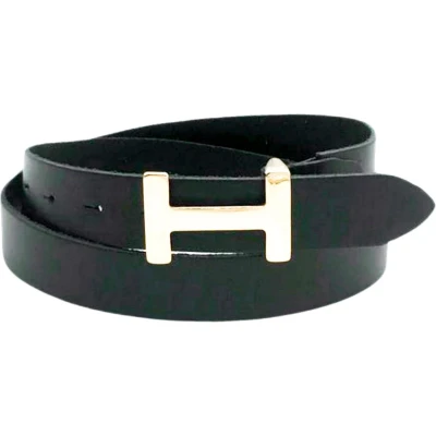Afbeelding van Zwarte Leren Riem Gouden H Gesp Trendy Dames Riemen Leer Maat 95 Breed 2 CM Elegant Zwart