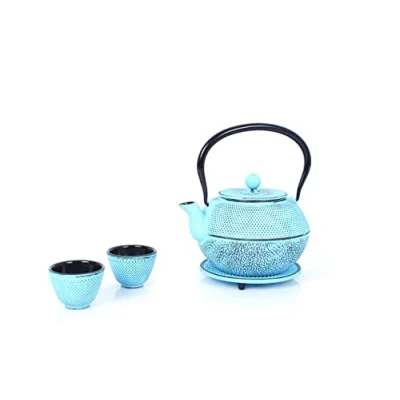 Afbeelding van Echtwerk Gietijzeren theeset 1,1 l met uitneembaar zeefje, theepot onderzetter en 2 theekopjes, vintage voor losse thee Lichtblauw