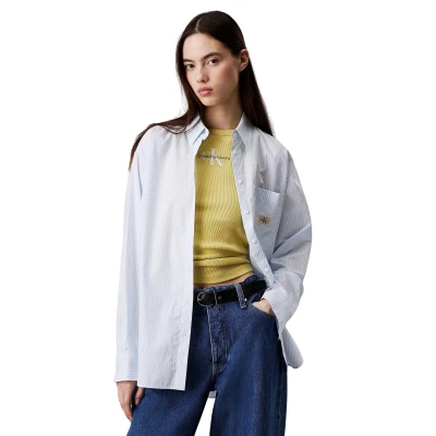 Afbeelding van Calvin Klein Jeans Label Relaxed Shirt Overhemdblouse, Dames, Maat: Large, Brilliant white/blue