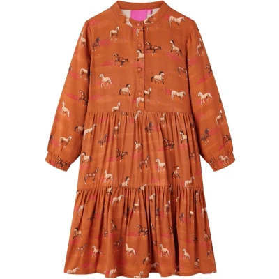 Afbeelding van Kinderjurk met paardenprint 128 cognackleurig