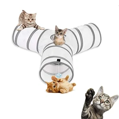 Afbeelding van Aokuy Kattenspeelgoed kattentunnel en kattenkubus pop up opvouwbaar kitten binnen buiten speelgoed inklapbaar 3 weg of 1wayCat buis voor kat, puppy, kitten, konijn (wit)