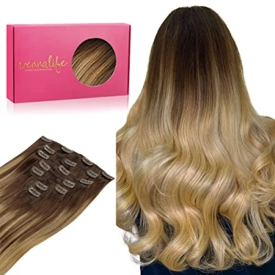 Afbeelding van Wennalife clip in extensies, echt haar, 35 cm, 120 g, 7 stuks, spoeling chocoladebruin tot Dirty Blonde, Remy haarextensies, natuurlijk haar