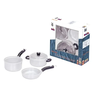 Afbeelding van Klein Toys WMF 3 delige pannenset kookpot en 2 steelpannen, waarvan 1 met deksel hoogwaardig kunststof grijs zwart