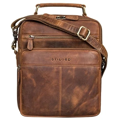 Afbeelding van STILORD &#039;Joe&#039; Modieuze Herenschoudertas Echt Leren Studententas Mannen Handtassen Leder Crossbody Tas vintage werktas heren, Kleur:middel bruin