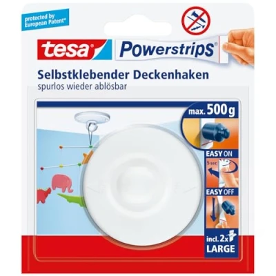 Afbeelding van Tesa 77781 Plafondhaak Behang &amp; zelfklevend ideaal voor bevestiging van decoratieve objecten, houdt tot 0,5 kg/haak spoorloos verwijderbaar, wit Op gladde oppervlakken 58029 00020 04