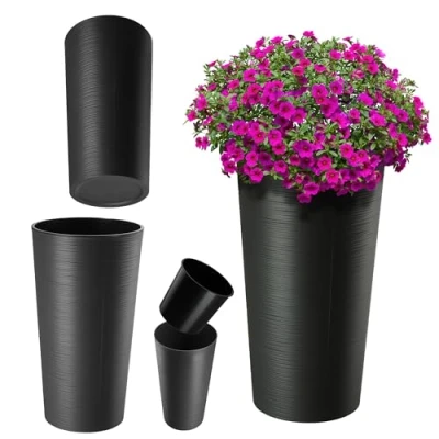 Afbeelding van KADAX bloempot met houtspaanders, elegante uitneembare inzet, bloempotbescherming voor kantoor, bloembak, pot, tuinschaal (zwart, diameter 25,5 cm)