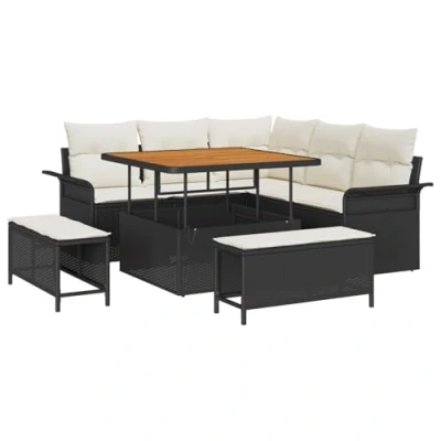 Afbeelding van vidaXL 8 delige Tuin Sofa Set met Kussens Zwart Poly Rattan Acacia