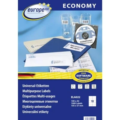 Afbeelding van Europe 100 ELA022 Universele etiketten 105 x 57 mm Papier Wit 1000 stuk(s) Permanent hechtend Inkjet, Laser (zwart/wit), (kleur), Kopiëren