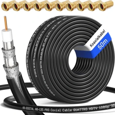 Afbeelding van HB DIGITAL 50m Coaxkabel HQ 135 Antennekabel 135dB SAT kabel 8K 4K UHD 4 Voudig Afgeschermd voor DVB S / S2 C C2 T T2 DAB+ Radio BK Systemen + 10 F Stekker GRATIS