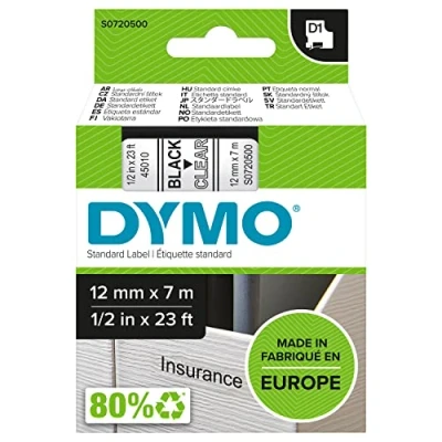 Afbeelding van DYMO authentieke D1 labels Zwarte opdruk op transparante tape 12 mm x 7 m Zelfklevende etiketten voor LabelManager labelmakers Gemaakt in Europa