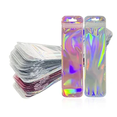 Afbeelding van 100 stuks opbergzakken, holografische verpakkingszakken, aluminiumfoliezakken, hersluitbare en hitte sealbare ziplockzakken voor het bewaren van levensmiddelen (5,5 x 22 cm).