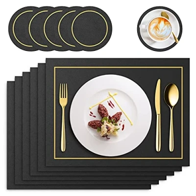 Afbeelding van RIWNNI Set van 6 placemats PU leer, en onderzetters, wasbaar, antislip, waterdicht, hittebestendig, rechthoekig, 41 x 31 cm (zwart)